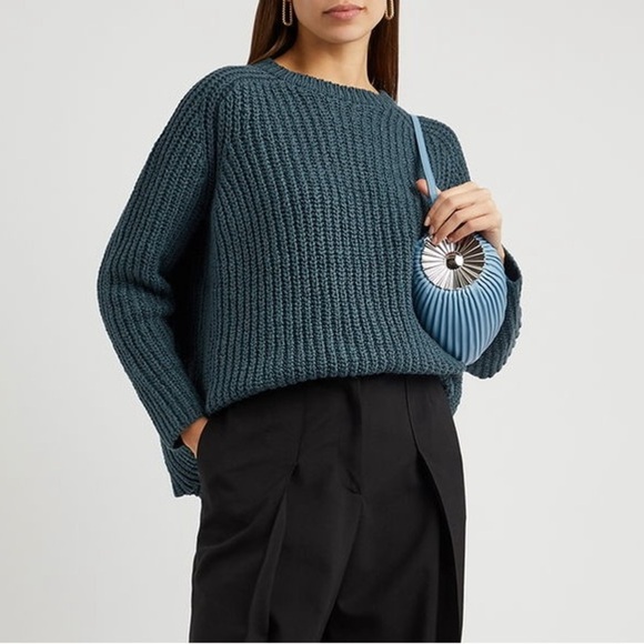 Eileen Fisher Chunky Knit Cotton Sweater Blue Ribbed Crew Neck Raglan Sleeve S P - Picture 3 of 13